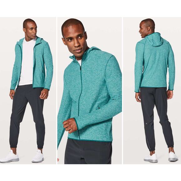 Lululemon Surge Warm Full Zip Heathered Laguna Size Medium Green Blue Rulu Hood - Picture 1 of 9